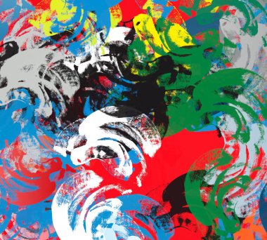 Soyut arka plan sanatı. 2D çizim. Etkileyici yağlı boya resim. Tuvalde fırça darbeleri. Modern sanat. Çok renkli arkaplan. Çağdaş sanat. İfade. Sanatsal dijital palet.