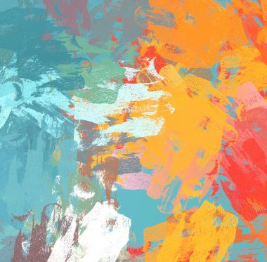 Soyut arka plan sanatı. 2D çizim. Etkileyici yağlı boya resim. Tuvalde fırça darbeleri. Modern sanat. Çok renkli arkaplan. Çağdaş sanat. İfade. Sanatsal dijital palet.
