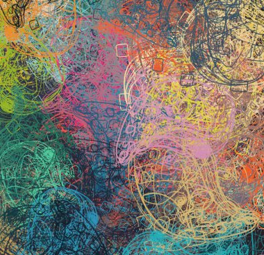 Soyut arka plan sanatı. 2D çizim. Etkileyici yağlı boya resim. Tuvalde fırça darbeleri. Modern sanat. Çok renkli arkaplan. Çağdaş sanat. İfade. Sanatsal dijital palet.