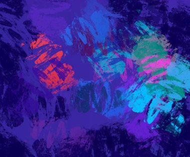 Soyut arka plan sanatı. 2D çizim. Etkileyici yağlı boya resim. Tuvalde fırça darbeleri. Modern sanat. Çok renkli arkaplan. Çağdaş sanat. İfade. Sanatsal dijital palet.