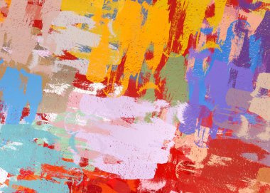 Soyut arka plan sanatı. 2D çizim. Etkileyici yağlı boya resim. Tuvalde fırça darbeleri. Modern sanat. Çok renkli arkaplan. Çağdaş sanat. İfade. Sanatsal dijital palet.