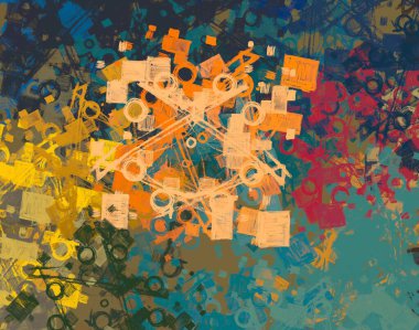 Soyut arka plan sanatı. 2D çizim. Etkileyici yağlı boya resim. Tuvalde fırça darbeleri. Modern sanat. Çok renkli arkaplan. Çağdaş sanat. İfade. Sanatsal dijital palet.