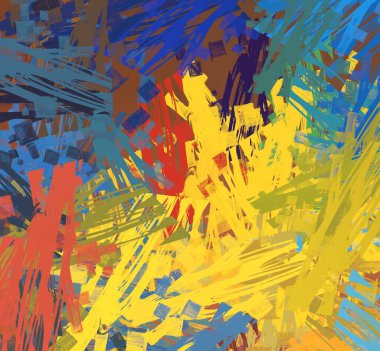 Soyut arka plan sanatı. 2D çizim. Etkileyici yağlı boya resim. Tuvalde fırça darbeleri. Modern sanat. Çok renkli arkaplan. Çağdaş sanat. İfade. Sanatsal dijital palet.