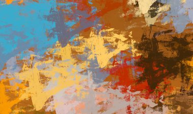 Soyut arka plan sanatı. 2D çizim. Etkileyici yağlı boya resim. Tuvalde fırça darbeleri. Modern sanat. Çok renkli arkaplan. Çağdaş sanat. İfade. Sanatsal dijital palet.