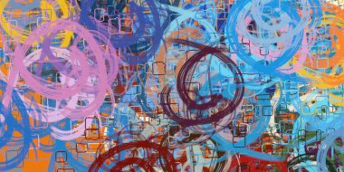 Soyut arka plan sanatı. 2D çizim. Etkileyici yağlı boya resim. Tuvalde fırça darbeleri. Modern sanat. Çok renkli arkaplan. Çağdaş sanat. İfade. Sanatsal dijital palet.