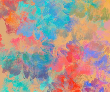 Soyut arka plan sanatı. 2D çizim. Etkileyici yağlı boya resim. Tuvalde fırça darbeleri. Modern sanat. Çok renkli arkaplan. Çağdaş sanat. İfade. Sanatsal dijital palet.