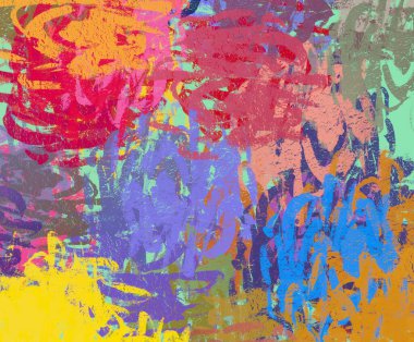 Soyut arka plan sanatı. 2D çizim. Etkileyici yağlı boya resim. Tuvalde fırça darbeleri. Modern sanat. Çok renkli arkaplan. Çağdaş sanat. İfade. Sanatsal dijital palet.