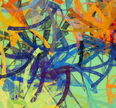 Soyut arka plan sanatı. 2D çizim. Etkileyici yağlı boya resim. Tuvalde fırça darbeleri. Modern sanat. Çok renkli arkaplan. Çağdaş sanat. İfade. Sanatsal dijital palet.