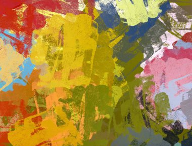 Soyut arka plan sanatı. 2D çizim. Etkileyici yağlı boya resim. Tuvalde fırça darbeleri. Modern sanat. Çok renkli arkaplan. Çağdaş sanat. İfade. Sanatsal dijital palet.