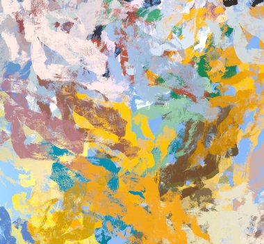 Soyut arka plan sanatı. 2D çizim. Etkileyici yağlı boya resim. Tuvalde fırça darbeleri. Modern sanat. Çok renkli arkaplan. Çağdaş sanat. İfade. Sanatsal dijital palet.