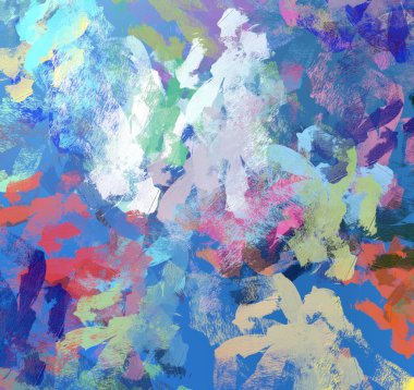 Soyut arka plan sanatı. 2D çizim. Etkileyici yağlı boya resim. Tuvalde fırça darbeleri. Modern sanat. Çok renkli arkaplan. Çağdaş sanat. İfade. Sanatsal dijital palet.