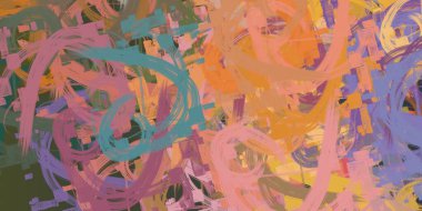 Soyut arka plan sanatı. 2D çizim. Etkileyici yağlı boya resim. Tuvalde fırça darbeleri. Modern sanat. Çok renkli arkaplan. Çağdaş sanat. İfade. Sanatsal dijital palet.
