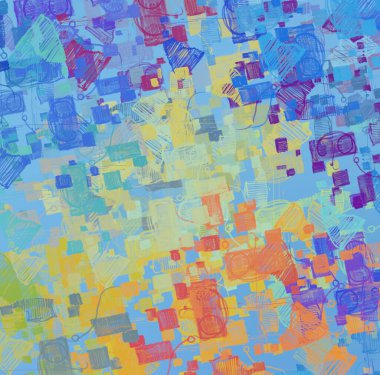 Soyut arka plan sanatı. 2D çizim. Etkileyici yağlı boya resim. Tuvalde fırça darbeleri. Modern sanat. Çok renkli arkaplan. Çağdaş sanat. İfade. Sanatsal dijital palet.