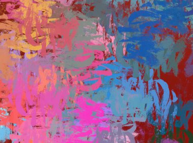 Soyut arka plan sanatı. 2D çizim. Etkileyici yağlı boya resim. Tuvalde fırça darbeleri. Modern sanat. Çok renkli arkaplan. Çağdaş sanat. İfade. Sanatsal dijital palet.