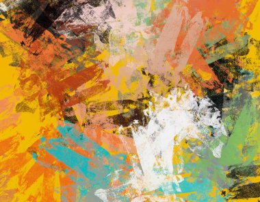 Soyut arka plan sanatı. 2D çizim. Etkileyici yağlı boya resim. Tuvalde fırça darbeleri. Modern sanat. Çok renkli arkaplan. Çağdaş sanat. İfade. Sanatsal dijital palet.