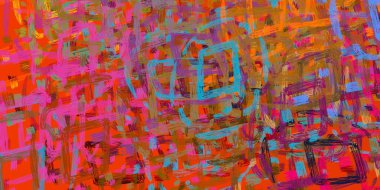 Soyut arka plan sanatı. 2D çizim. Etkileyici yağlı boya resim. Tuvalde fırça darbeleri. Modern sanat. Çok renkli arkaplan. Çağdaş sanat. İfade. Sanatsal dijital palet.