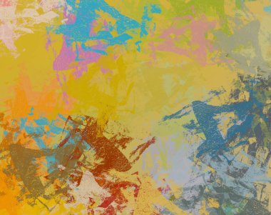 Soyut arka plan sanatı. 2D çizim. Etkileyici yağlı boya resim. Tuvalde fırça darbeleri. Modern sanat. Çok renkli arkaplan. Çağdaş sanat. İfade. Sanatsal dijital palet.