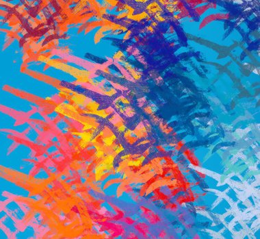 Soyut arka plan sanatı. 2D çizim. Etkileyici yağlı boya resim. Tuvalde fırça darbeleri. Modern sanat. Çok renkli arkaplan. Çağdaş sanat. İfade. Sanatsal dijital palet.