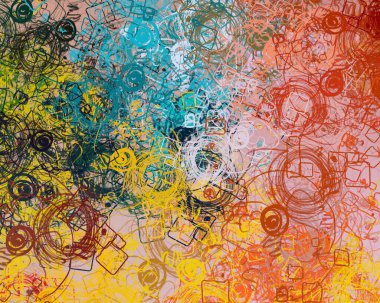 Soyut arka plan sanatı. 2D çizim. Etkileyici yağlı boya resim. Tuvalde fırça darbeleri. Modern sanat. Çok renkli arkaplan. Çağdaş sanat. İfade. Sanatsal dijital palet.