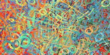 Soyut arka plan sanatı. 2D çizim. Etkileyici yağlı boya resim. Tuvalde fırça darbeleri. Modern sanat. Çok renkli arkaplan. Çağdaş sanat. İfade. Sanatsal dijital palet.