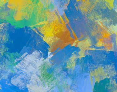 Soyut arka plan sanatı. 2D çizim. Etkileyici yağlı boya resim. Tuvalde fırça darbeleri. Modern sanat. Çok renkli arkaplan. Çağdaş sanat. İfade. Sanatsal dijital palet.