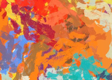 Soyut arka plan sanatı. 2D çizim. Etkileyici yağlı boya resim. Tuvalde fırça darbeleri. Modern sanat. Çok renkli arkaplan. Çağdaş sanat. İfade. Sanatsal dijital palet.