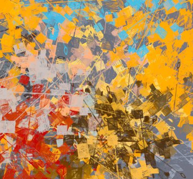 Soyut arka plan sanatı. 2D çizim. Etkileyici yağlı boya resim. Tuvalde fırça darbeleri. Modern sanat. Çok renkli arkaplan. Çağdaş sanat. İfade. Sanatsal dijital palet.