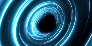 Soyut arka plan sanatı. Siyah arka planda neon halkalar. Uzay temalı sanatsal dijital arkaplan.