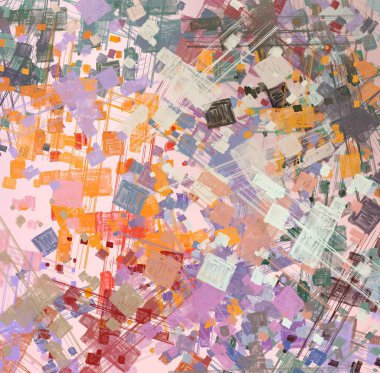 Soyut rastgele şekiller. 2D illüstrasyon arka planı. Düz beton duvarda sanatsal modern sanat kalıpları. Kabataslak boyalı yüzey. El yapımı fırça darbeleri.