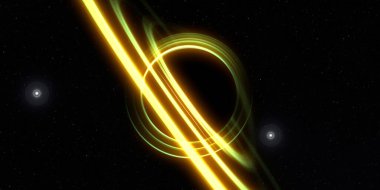 Soyut arka plan sanatı. Siyah arka planda neon halkalar. Uzay temalı sanatsal dijital arkaplan.