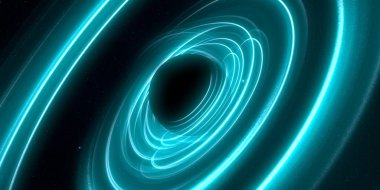 Soyut arka plan sanatı. Siyah arka planda neon halkalar. Uzay temalı sanatsal dijital arkaplan.