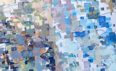 Soyut rastgele şekiller. 2D illüstrasyon arka planı. Düz beton duvarda sanatsal modern sanat kalıpları. Kabataslak boyalı yüzey. El yapımı fırça darbeleri.