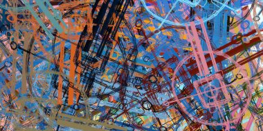 Soyut rastgele şekiller. 2D illüstrasyon arka planı. Düz beton duvarda sanatsal modern sanat kalıpları. Kabataslak boyalı yüzey. El yapımı fırça darbeleri.