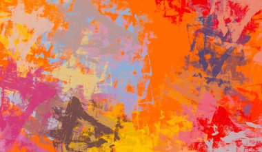 Soyut arka plan sanatı. 2D çizim. Etkileyici yağlı boya resim. Tuvalde fırça darbeleri. Modern sanat. Çok renkli arkaplan. Çağdaş sanat. İfade. Sanatsal dijital palet.