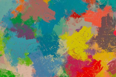 Soyut arka plan sanatı. 2D çizim. Etkileyici yağlı boya resim. Tuvalde fırça darbeleri. Modern sanat. Çok renkli arkaplan. Çağdaş sanat. İfade. Sanatsal dijital palet.