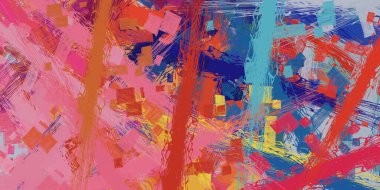 Soyut arka plan sanatı. 2D çizim. Etkileyici yağlı boya resim. Tuvalde fırça darbeleri. Modern sanat. Çok renkli arkaplan. Çağdaş sanat. İfade. Sanatsal dijital palet.