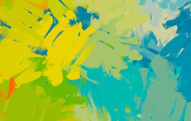 Soyut arka plan sanatı. 2D çizim. Etkileyici yağlı boya resim. Tuvalde fırça darbeleri. Modern sanat. Çok renkli arkaplan. Çağdaş sanat. İfade. Sanatsal dijital palet.