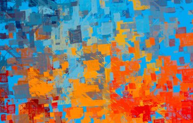 Soyut arka plan sanatı. 2D çizim. Etkileyici yağlı boya resim. Tuvalde fırça darbeleri. Modern sanat. Çok renkli arkaplan. Çağdaş sanat. İfade. Sanatsal dijital palet.