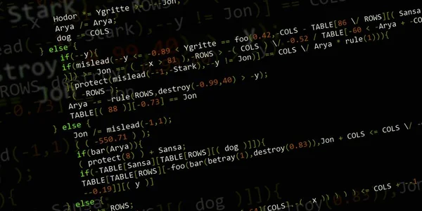 软件开发人员编程代码 摘要现代虚拟计算机脚本 软件开发人员程序员在桌面屏幕上的工作 — 图库照片