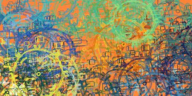 Soyut arka plan sanatı. 2D çizim. Etkileyici yağlı boya resim. Tuvalde fırça darbeleri. Modern sanat. Çok renkli arkaplan. Çağdaş sanat. İfade. Sanatsal dijital palet.