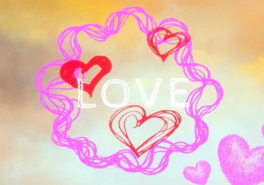 Soyut Sevgililer Günü arkaplan sanatı. Kalpler tuvalde. Çok renkli romantik bir fon. Çağdaş sanat. Sanatsal dijital palet.