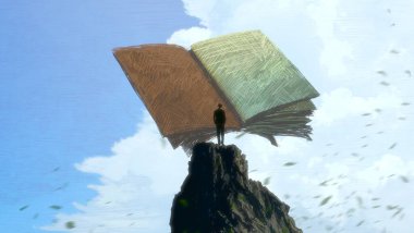 İnsan silueti ve kitaplarla soyut bir arkaplan  