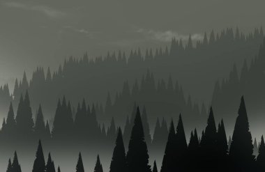 soyut sisli dağlar ağaçlarla kaplı, doğal arkaplan