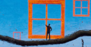 İnsan silueti ve pencereli soyut arkaplan 