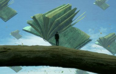 İnsan silueti ve kitaplarla soyut bir arkaplan    