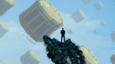 İnsan silueti ve müzikal şeylerle soyut bir arkaplan  