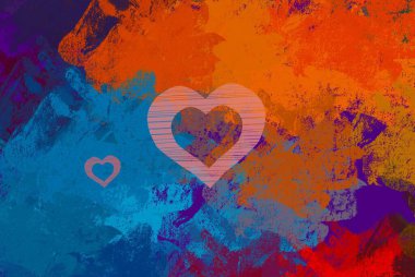 Soyut Sevgililer Günü arkaplan sanatı. Kalpler tuvalde. Çok renkli romantik bir fon. Çağdaş sanat. Sanatsal dijital palet.