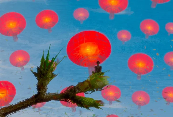 Абстрактный Фон Человеческим Силуэтом Китайскими Фонарями — стоковое фото