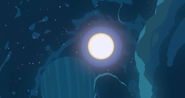 2D çizim. Çizgi film arkaplan resmi. Derin geniş uzay. Yıldızlar, gezegenler ve uydular. Çeşitli bilim kurgu yaratıcı arka planlar. Uzay sanatı. Yabancı güneş sistemleri. Gezegenler ve uydular..