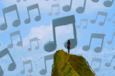 İnsan silueti ve müzikal şeylerle soyut bir arkaplan 